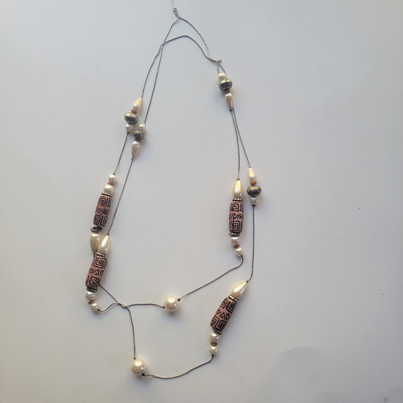 Vintage Lariat Necklace With Faux Pearls Silver Chain And Tribal Bead Accents 45$